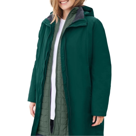 Woman Within Jackets & Blazers - Woman Within Forest Green Hooded Trench Coat with Quilted Liner